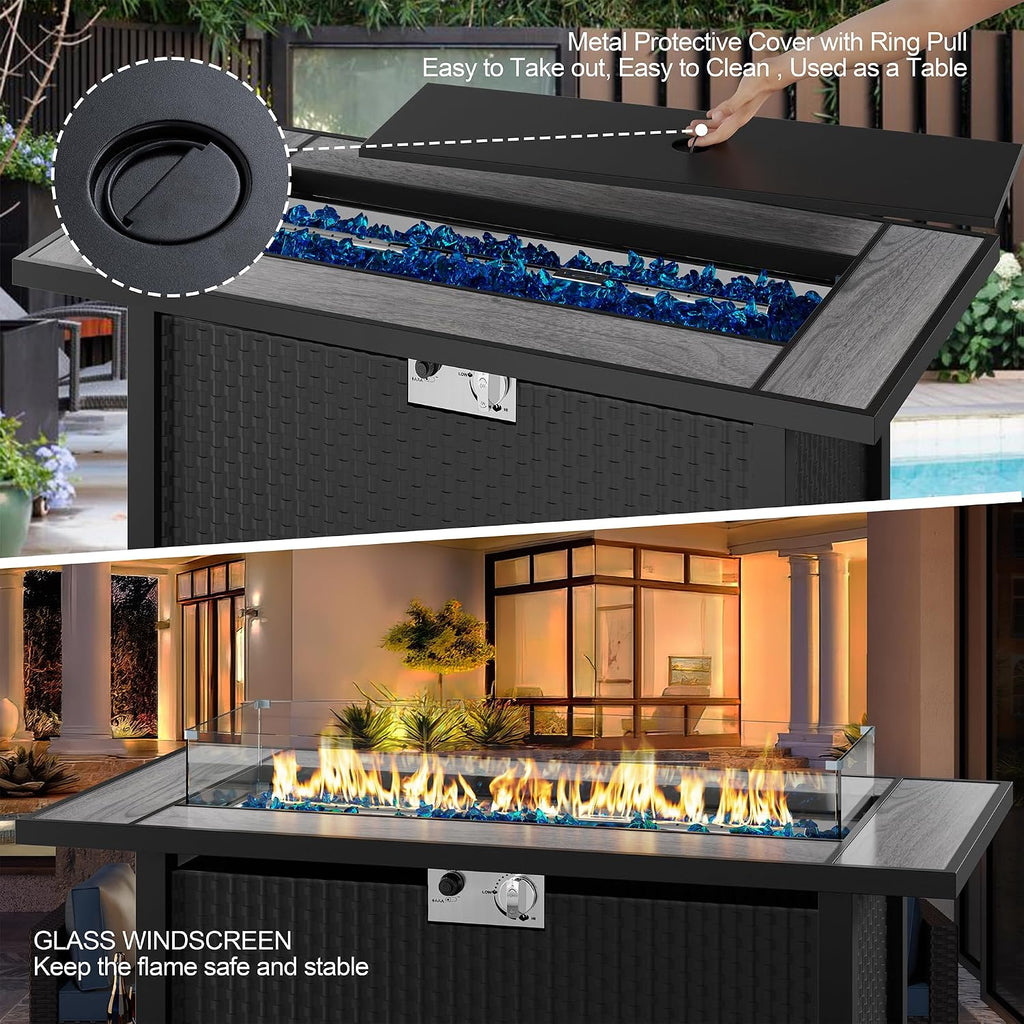 Shintenchi 45 Inch Outdoor Propane Fire Pit 50,000 BTU Gas Fire Pit Table with Lid, Glass Wind Guard, Waterproof Cover, Rectangle Gas Firepit Table for Garden/Patio, CSA Certification