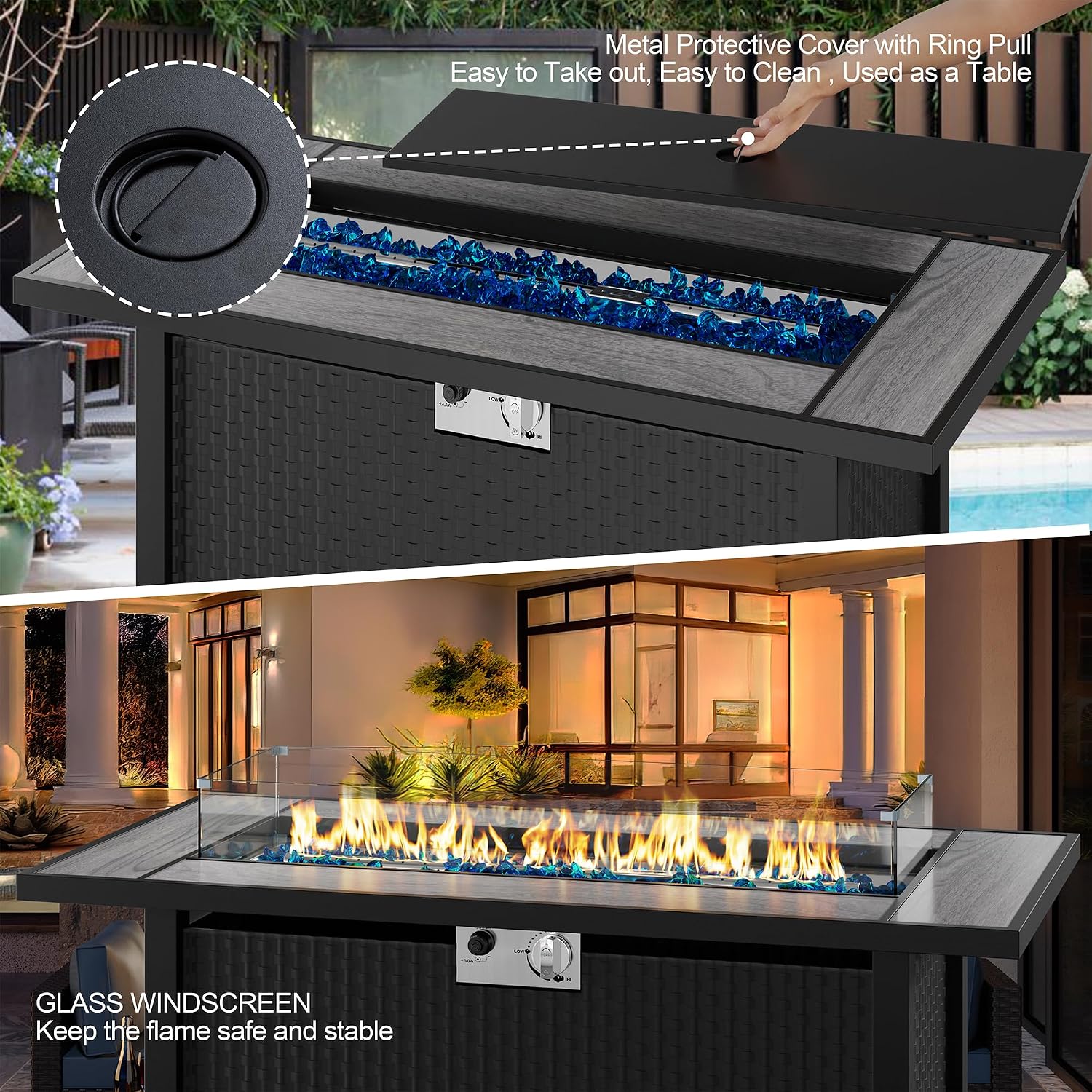 Shintenchi 45 Inch Outdoor Propane Fire Pit 50,000 BTU Gas Fire Pit Table with Lid, Glass Wind Guard, Waterproof Cover, Rectangle Gas Firepit Table for Garden/Patio, CSA Certification