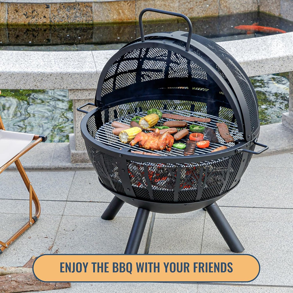 Panovue 35 Inch Wood Burning Fire Pit with BBQ Grill, Heavy Duty Fire Pits Ball for Outside with Spark Screen & Removable Ash Pan, Outdoor firepit & Fireplace for Bonfire in Garden, Yard