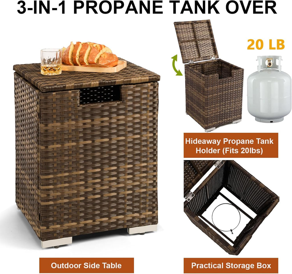 2-Piece Rattan Wicker Propane Fire Pit Table w/Tank Holder, Handmade 32-inch Gas Fire Pits for Outside Patio, Ceramic Tabletop with Steel Lid, Lava Rocks 40,000 BTU Rectangle (Brown)