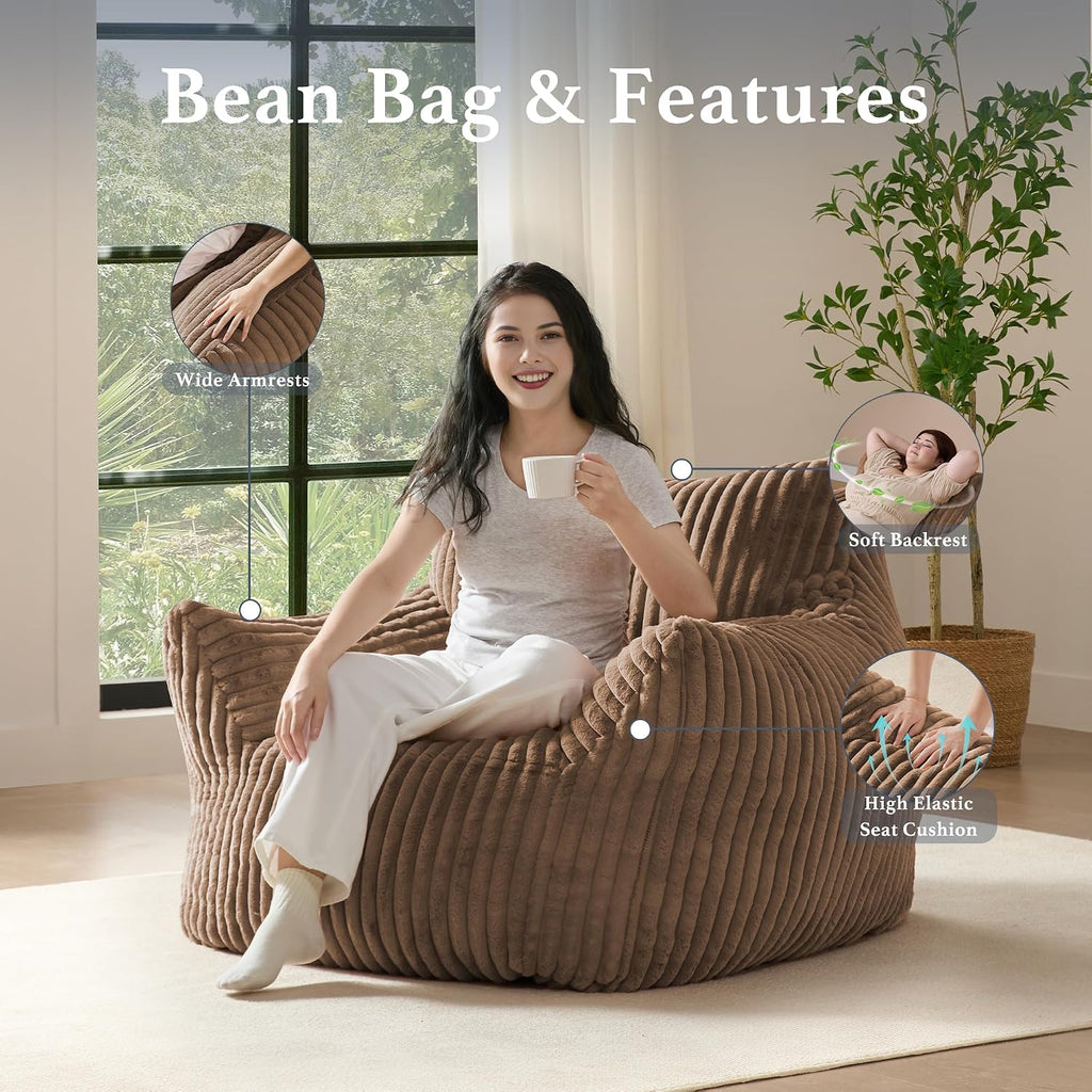Giant Plush Bean Bag Chair for Adults with Armrests - Oversized Comfy Khaki Beanbag Lounge Lazy Floor Sofa Chair for Living Room, Bedroom & Dorm, Cozy Fluffy Single Cloud Mini Couch