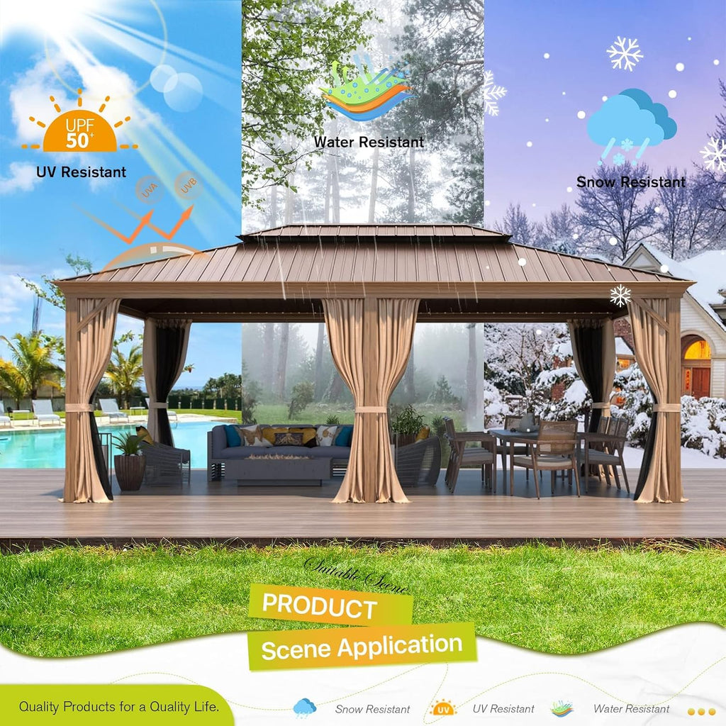 YOLENY 14'x20' Gazebo, Galvanized Steel Double Roof with Wood Grain Aluminum Frame, Outdoor Permanent Metal Pavilion with Curtains and Nettings for Patio, Backyard and Deck