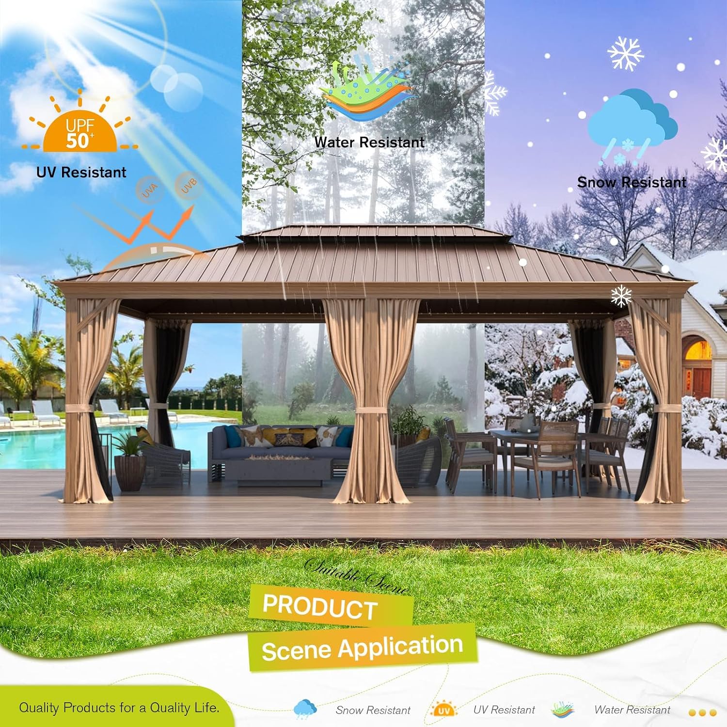 YOLENY 14'x20' Gazebo, Galvanized Steel Double Roof with Wood Grain Aluminum Frame, Outdoor Permanent Metal Pavilion with Curtains and Nettings for Patio, Backyard and Deck
