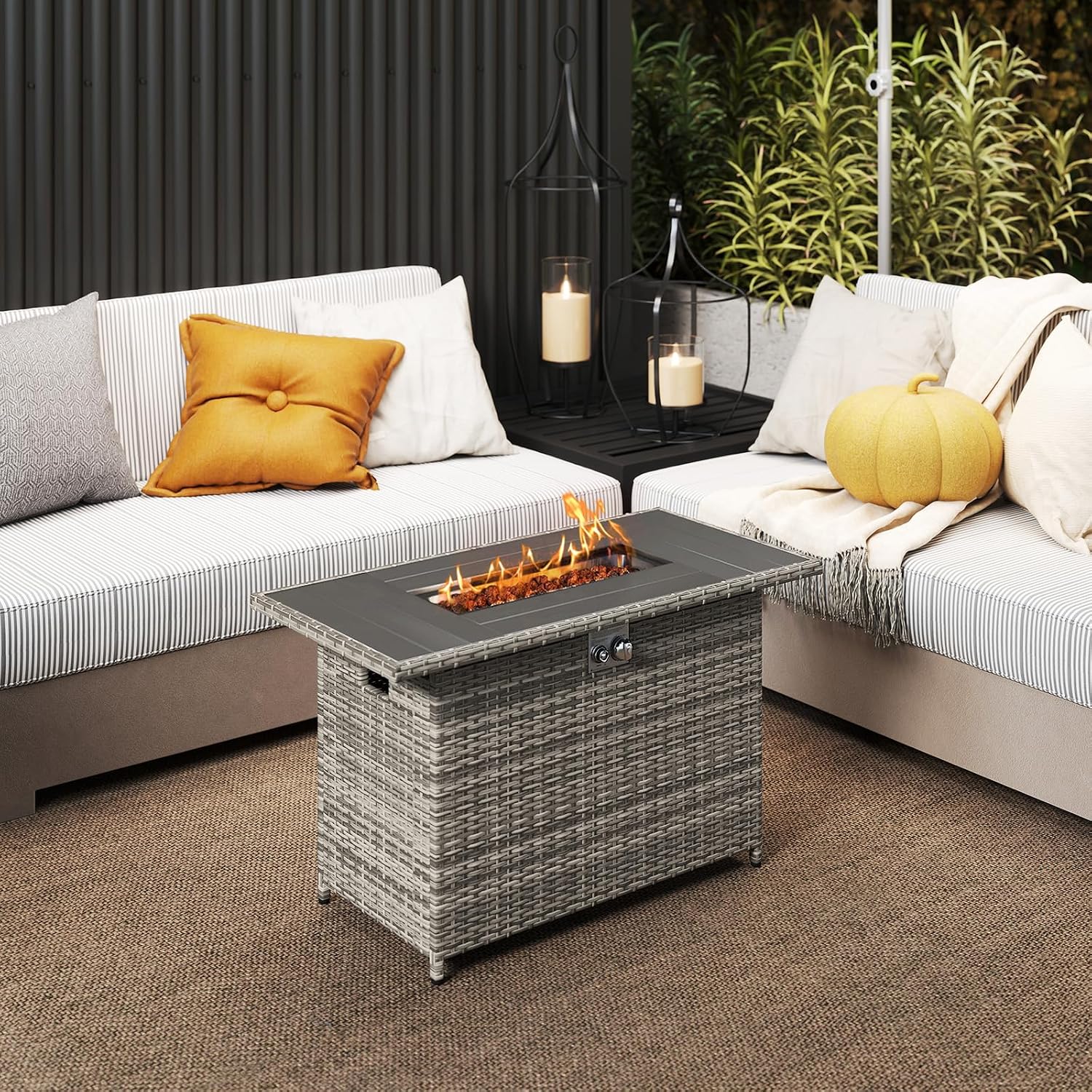 Tangkula 44.5 Inch Propane Fire Pit Table, Outdoor Rattan Gas Firepit with Metal Slatted Tabletop & Stainless Steel Burner, Rectangle Fire Pit with Lava Rocks & Protective Cover for Outside Patio