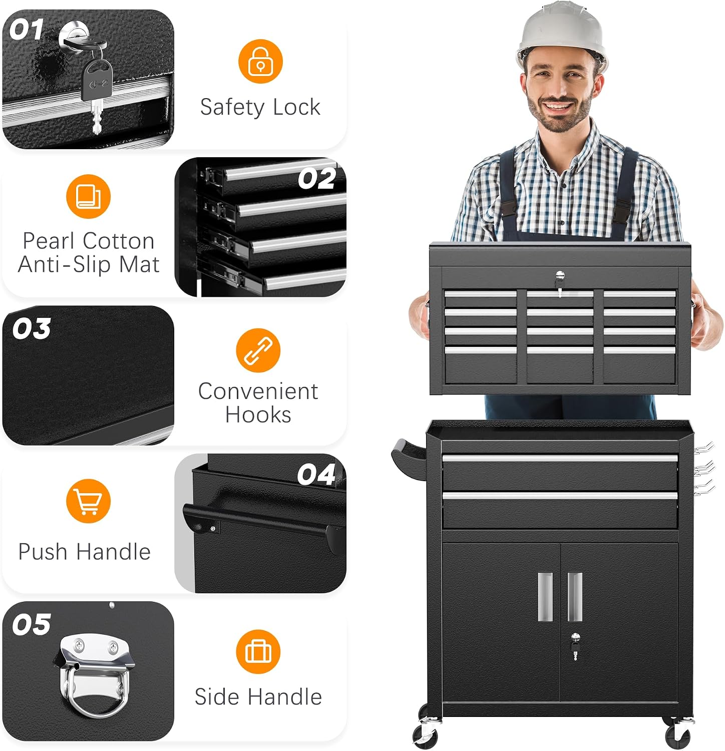 INTERGREAT Rolling Tool Chest with Wheels and 8 Drawers, Detachable Large Tool Cabinet with Lock for Garage, Locking Mechanic Tool Cart with Black Liner for Warehouse, Workshop, High Capacity