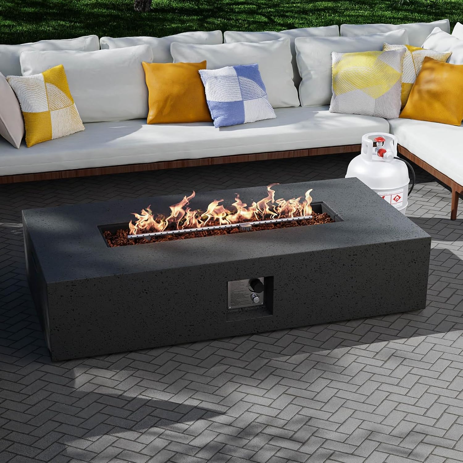 SUNBURY Outdoor Travertine Fire Pit Table, 56 inches Rectangle Propane Gas Patio Fire Pit 50,000 BTU Concrete, Low Firepit Table with Lava Rocks, Waterproof Cover (Grey)