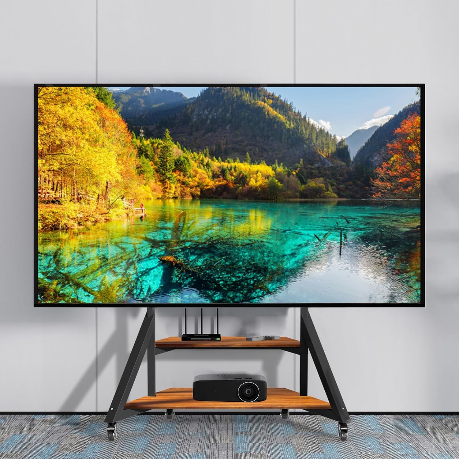 Mobile TV Stand for 65-100 Inch TVs,Adjustable Heights TV Mount Stands with Large Wood Shelf and Wheels,Modern Living Room Rolling TV Stand, Up to 220 lbs,VESA 800x600mm,Walnut(VC-Z1188)