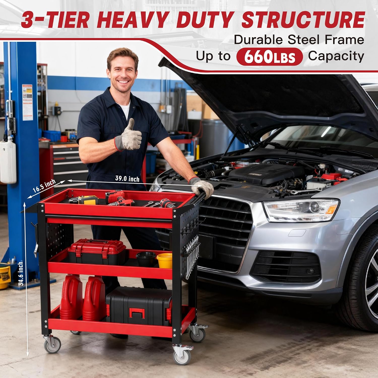 3 Tier Tool Cart on Wheels, Heavy Duty Metal Rolling with Drawers and Pegboards, 660 LBS Load Capacity Tool Storage Cart, Industrial Utility for Garage, Warehouse, Workshop