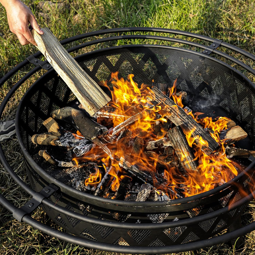 EcoNook 42 Inch Wood Burning Fire Pit with 2 Loops, Outdoor Fire Pit with Spark Screen & Fire Poker, Cross Weave Firepit for Outside Fireplace Bonfire for Yard,Patio, Garden