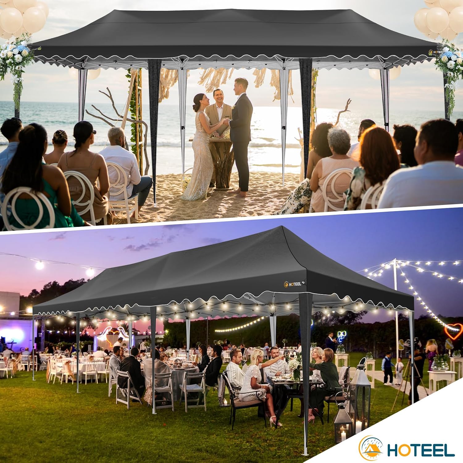 HOTEEL Party Tent 10x30 Pop Up Canopy with 8 Sidewalls, Waterproof UPF50+ for Backyard and Events, Easy Setup with Wheeled Bag & 4 Weight Bags, Extra Height, Black