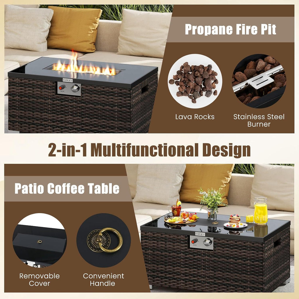 Tangkula 2 Piece Propane Fire Pit Table Set with Tank Cover, Outdoor Rattan Gas Firepit with Lid, Tempered Glass Tabletop, Protective Cover, 40,000 BTU Rectangle Fire Table Set for Outside (Mix Brown)