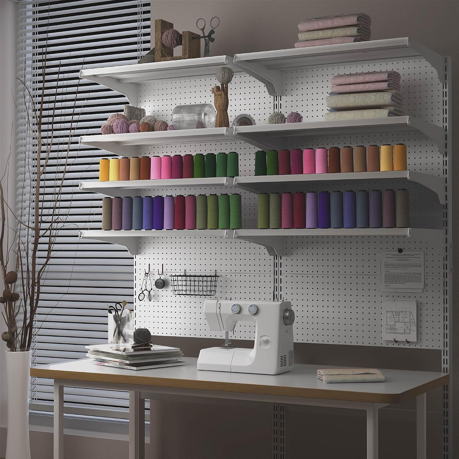 JWX DDB Standing Pegboard Shelf Unit, 30'' White Home Office shlef cabinets with Metal Pegboard and 15 Pieces Organizer Tool Holders