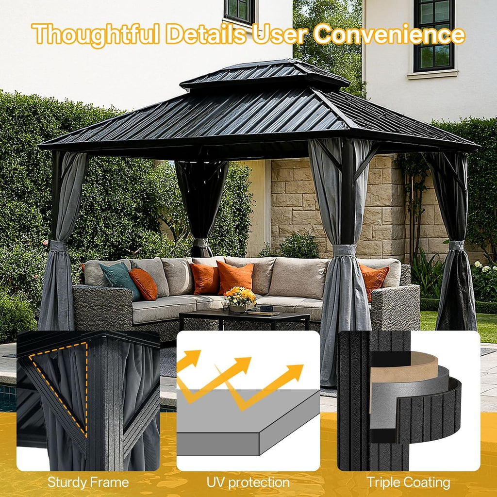 10x10 Hardtop Aluminum Gazebo, Outdoor Metal Gazebo with Netting & Curtains - Heavy Duty Iron Roof for Patios, Waterproof & Snow Load Resistant (Double Hardtop with Curtain & Netting)