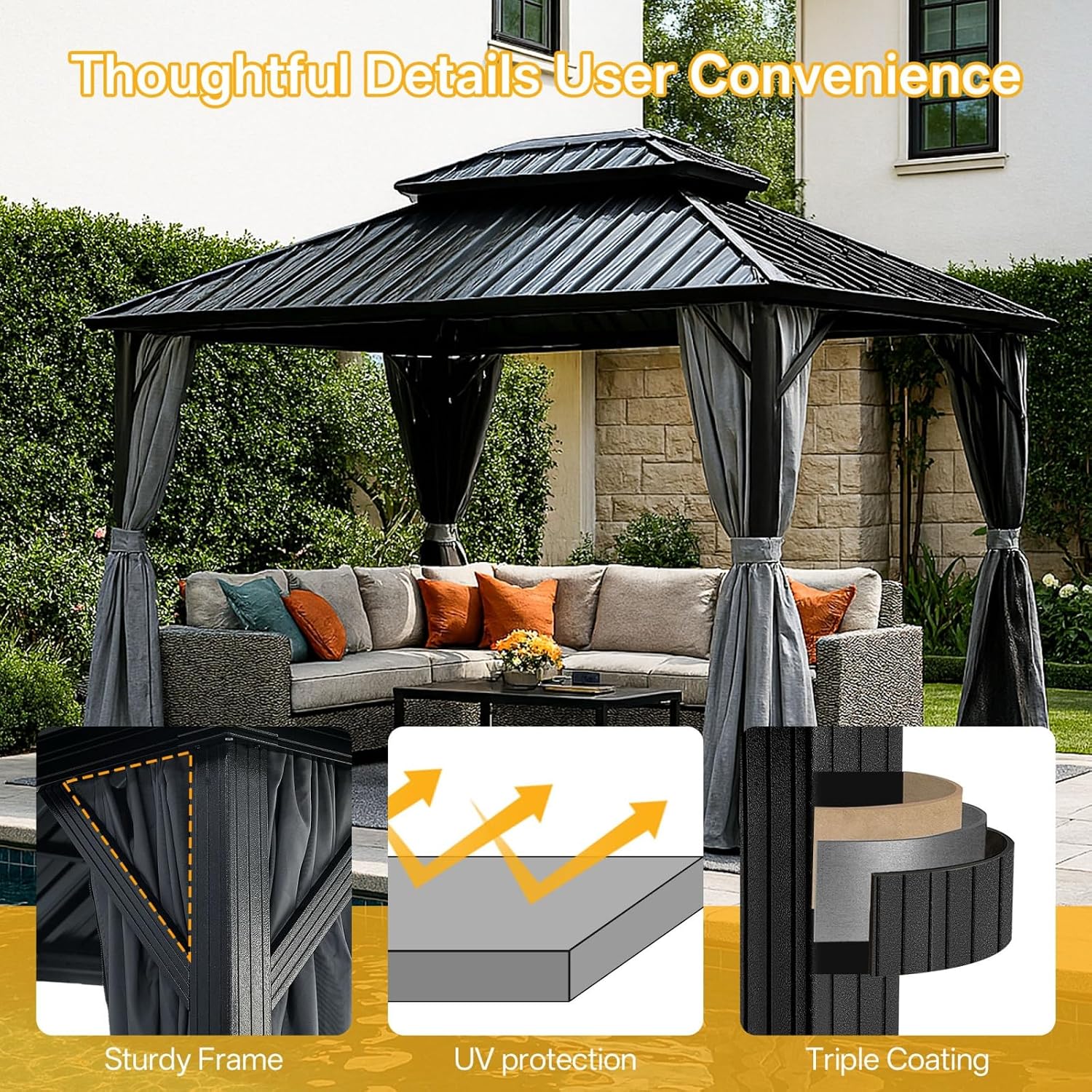 10x10 Hardtop Aluminum Gazebo, Outdoor Metal Gazebo with Netting & Curtains - Heavy Duty Iron Roof for Patios, Waterproof & Snow Load Resistant (Double Hardtop with Curtain & Netting)