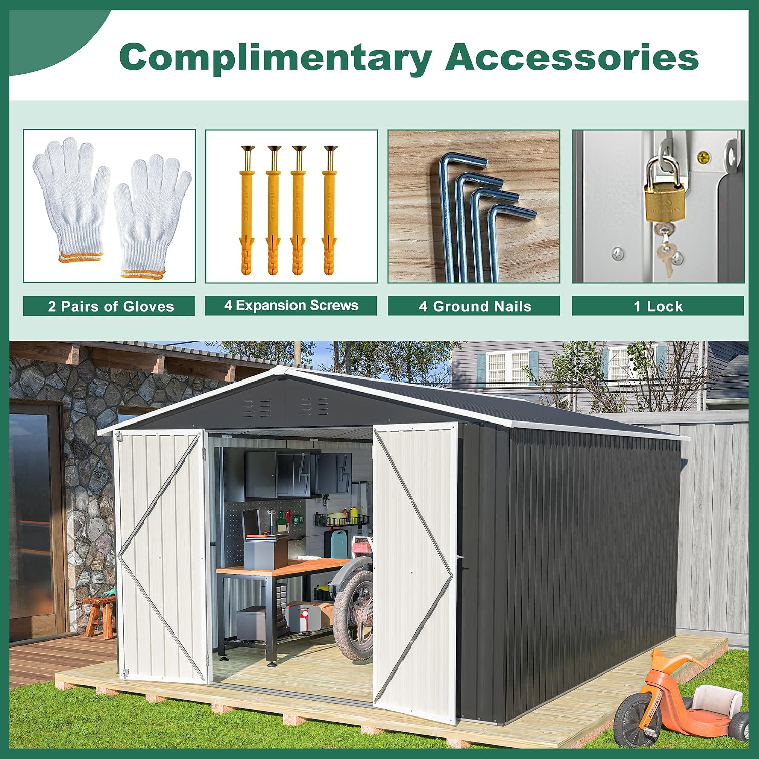 ZeHuoGe Outdoor Storage Shed 10 x 12 FT, Utility Metal Tool Storage with Lockable Doors, Large Metal Garden Shed for Backyard, Patio Lawn