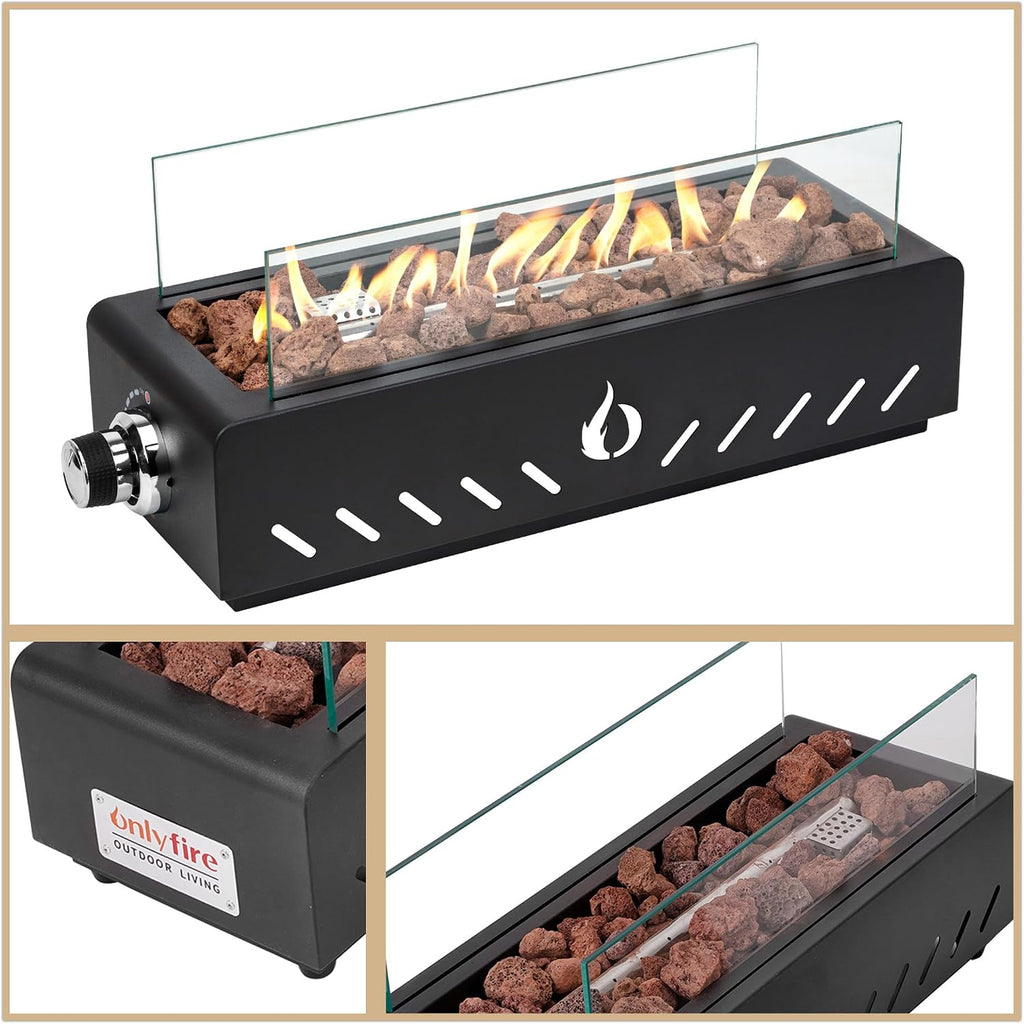 18' Tabletop Propane Gas Fire Pit Bottom-mounted for Table with Umbrella Hole, Portable Smokeless Firepit with Glass Wind Guard for Patio Backyard Camping RV Tailgating, #FP027