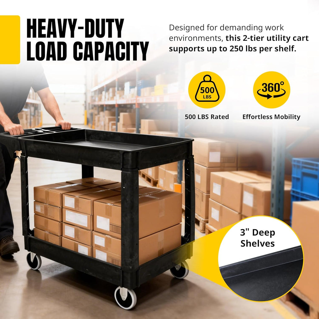 MaxWorks 2‑Tier Heavy‑Duty Utility Service Cart 500 lb Capacity 46' x 25.5' x 33.5' with 5' Swivel Casters and Polypropylene Shelves for Garage Workshop Warehouse Office (80858)