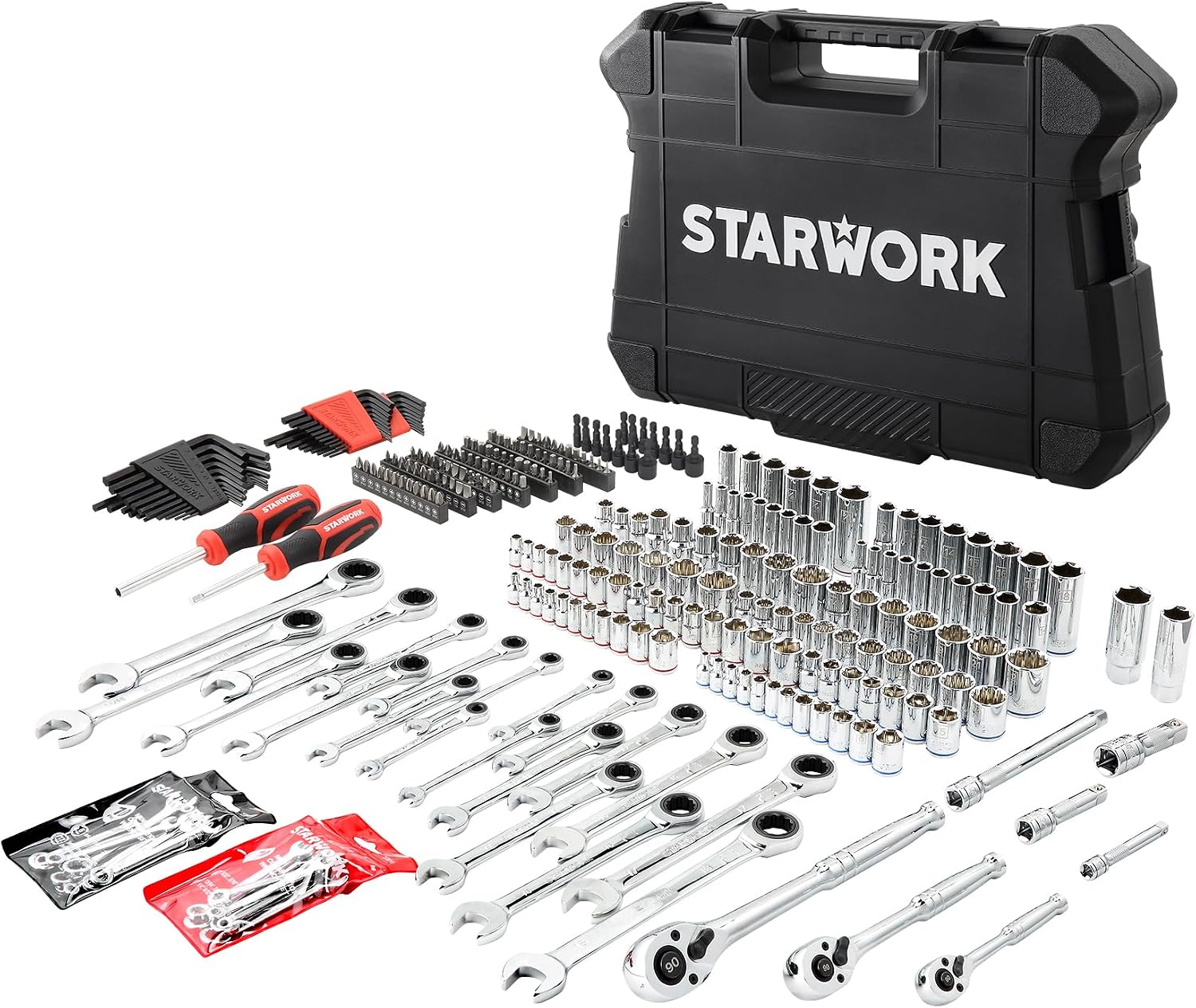 STARWORK TRUE MECHANIC 303-Piece Mechanics Tool Set and Socket Set, 1/4', 3/8', 1/2' Drive, Professional, SAE/Metric