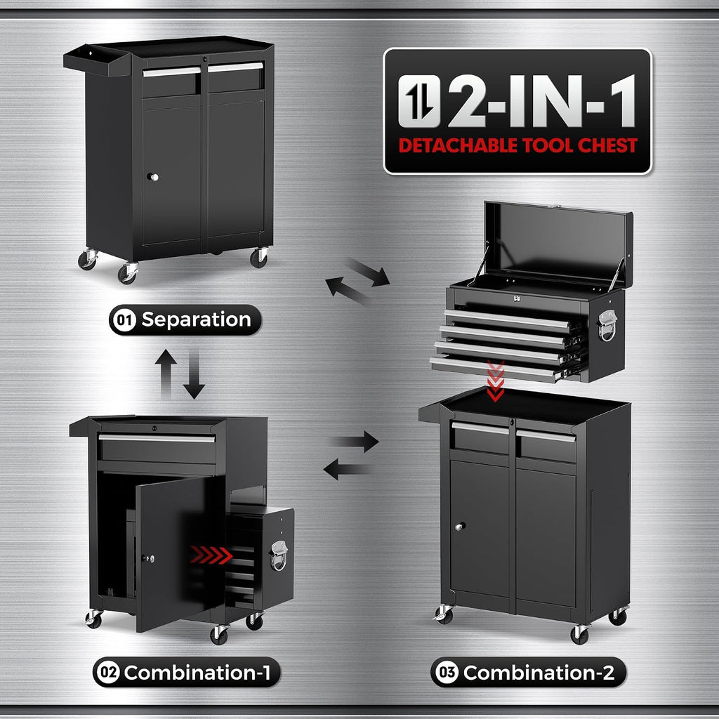 5-Drawer Rolling Tool Chest - Heavy-Duty Steel Tool Cabinet with Detachable Top Box, Locking Wheels & Security System for Garage/Workshop, 2-in-1 Design，Black