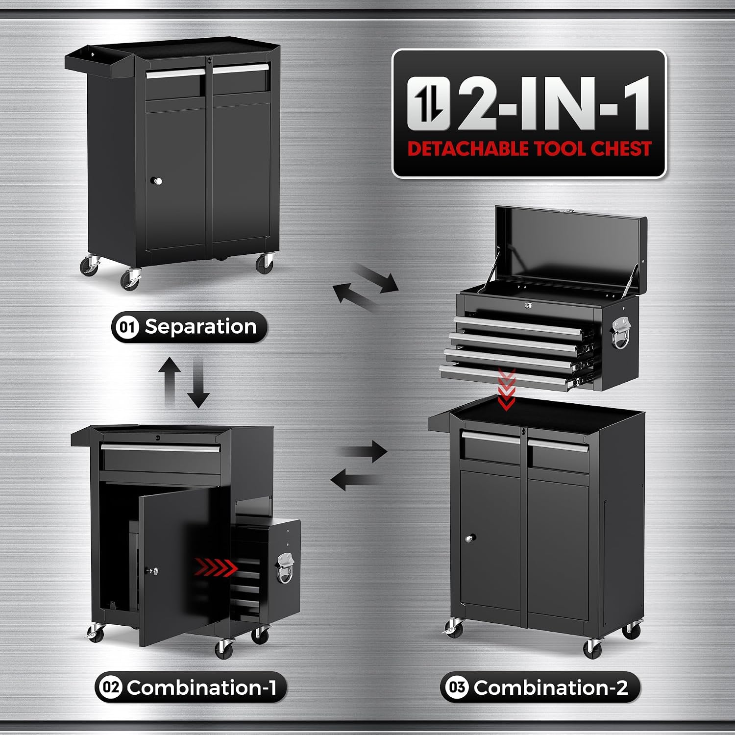 5-Drawer Rolling Tool Chest - Heavy-Duty Steel Tool Cabinet with Detachable Top Box, Locking Wheels & Security System for Garage/Workshop, 2-in-1 Design，Black