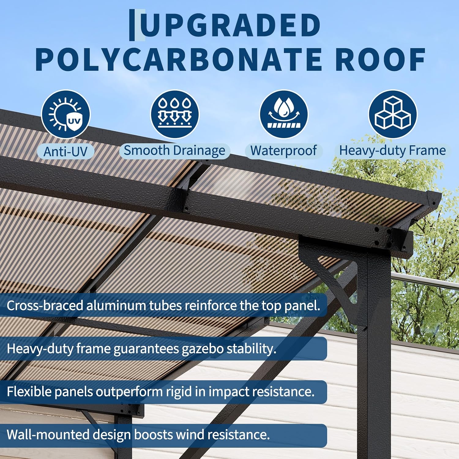10 Ft x 12 Ft Lean to Gazebo - Hardtop Gazebo Wall Pergola with Polycarbonate Roof, Aluminum Frame Mounted for Lawn, Patio, Deck & Party