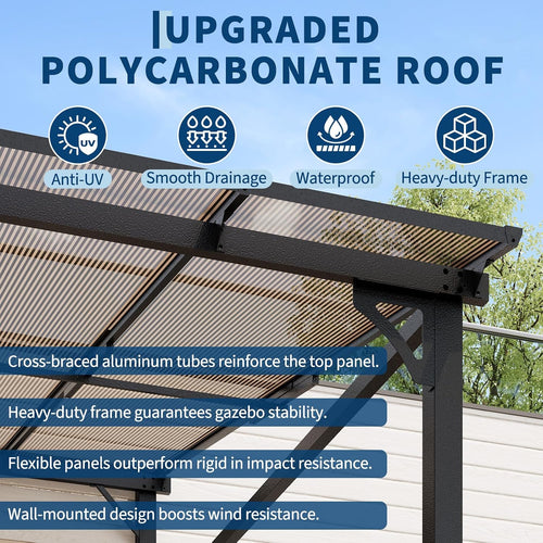 10 Ft x 12 Ft Lean to Gazebo - Hardtop Gazebo Wall Pergola with Polycarbonate Roof, Aluminum Frame Mounted for Lawn, Patio, Deck & Party