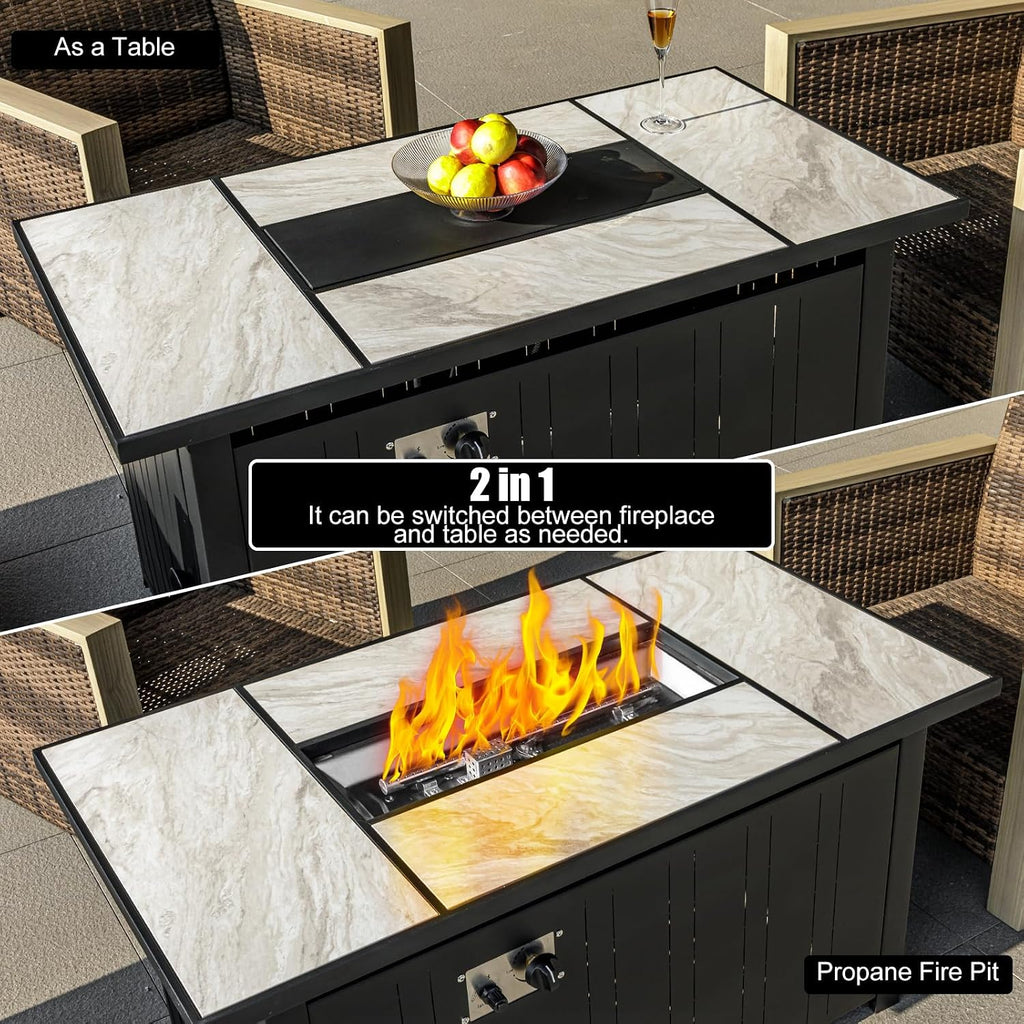 OutVue 47' Propane Fire Pit Table with Real Ceramic Tabletop, 50000 BTU Gas Firepit Table with Lid & Lava Stones, Outdoor Fire Pit for Dining or Party, Firepit for Outside, Patio