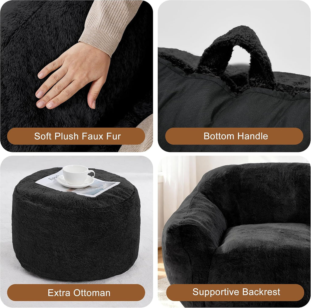 Giant Bean Bag Chair for Adults, Large Memory Foam BeanBag Chairs, Oversized Bean Bag Sofa with Filler, Faux Fur Big Reading Chair Comfy Floor Sofa Chair (Black, Single with Ottoman)