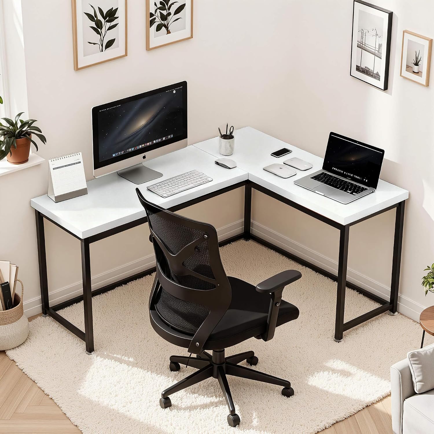 ivinta L Shaped Desk, Modern Corner Home Office Computer Desk with 2' Thicker Desktop for Study Work, Simple Reversible Worksation with Metal Frame for Bedroom Living Room Novas (White)