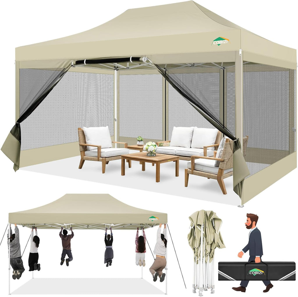 COBIZI 10x15 Heavy Duty Pop up Canopy with 4 Sidewalls, Canopy Tent with Mosquito Netting, Easy up Screen Party Tents for Parties Wedding Patio Backyard Commercial Gazebo with Handbag, Khaki