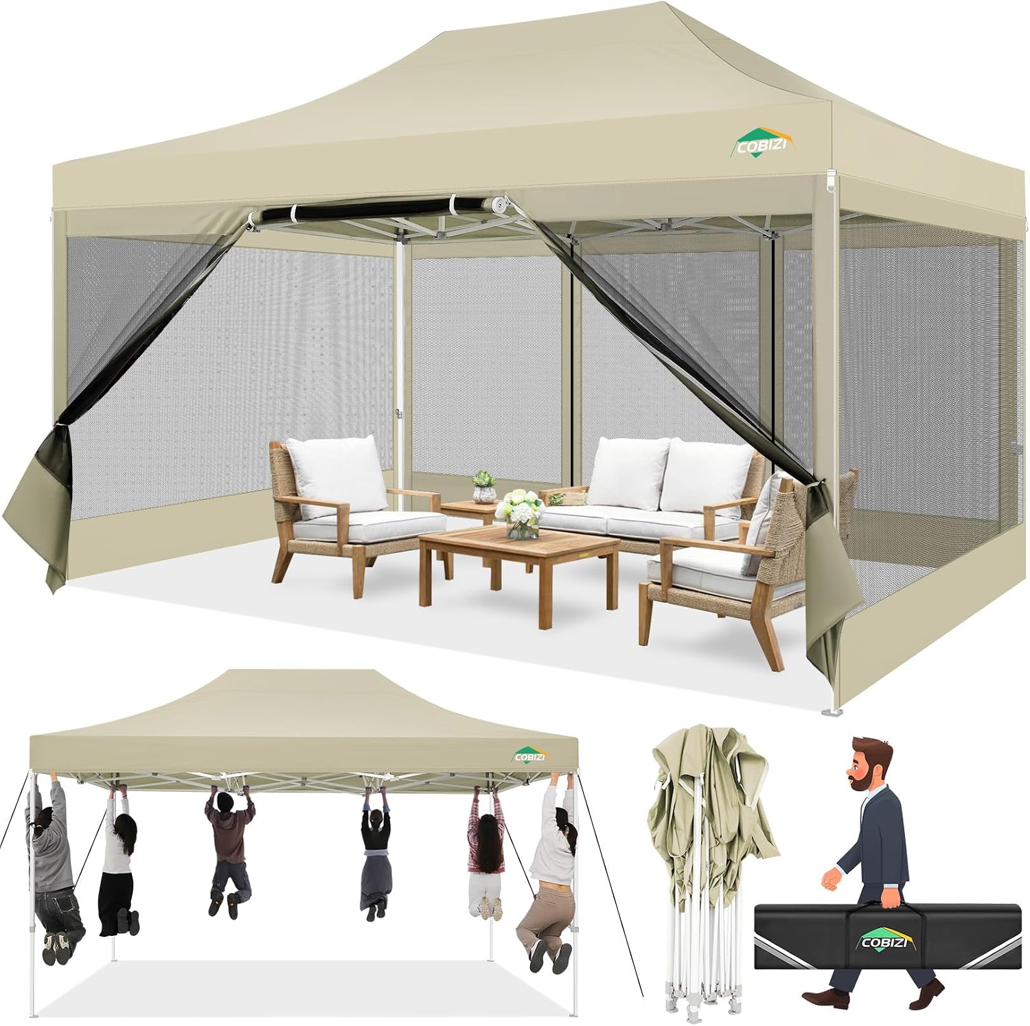 COBIZI 10x15 Heavy Duty Pop up Canopy with 4 Sidewalls, Canopy Tent with Mosquito Netting, Easy up Screen Party Tents for Parties Wedding Patio Backyard Commercial Gazebo with Handbag, Khaki