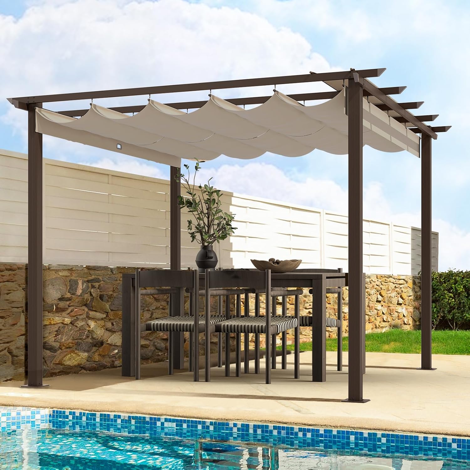 HAPPATIO 10' X 10' Retractable Pergola with Sun Shade Canopy, Patio Aluminum Frame Shelter for Backyards, Gardens, Porch, Includes Ground Studs and Expansion Screws (Brown)