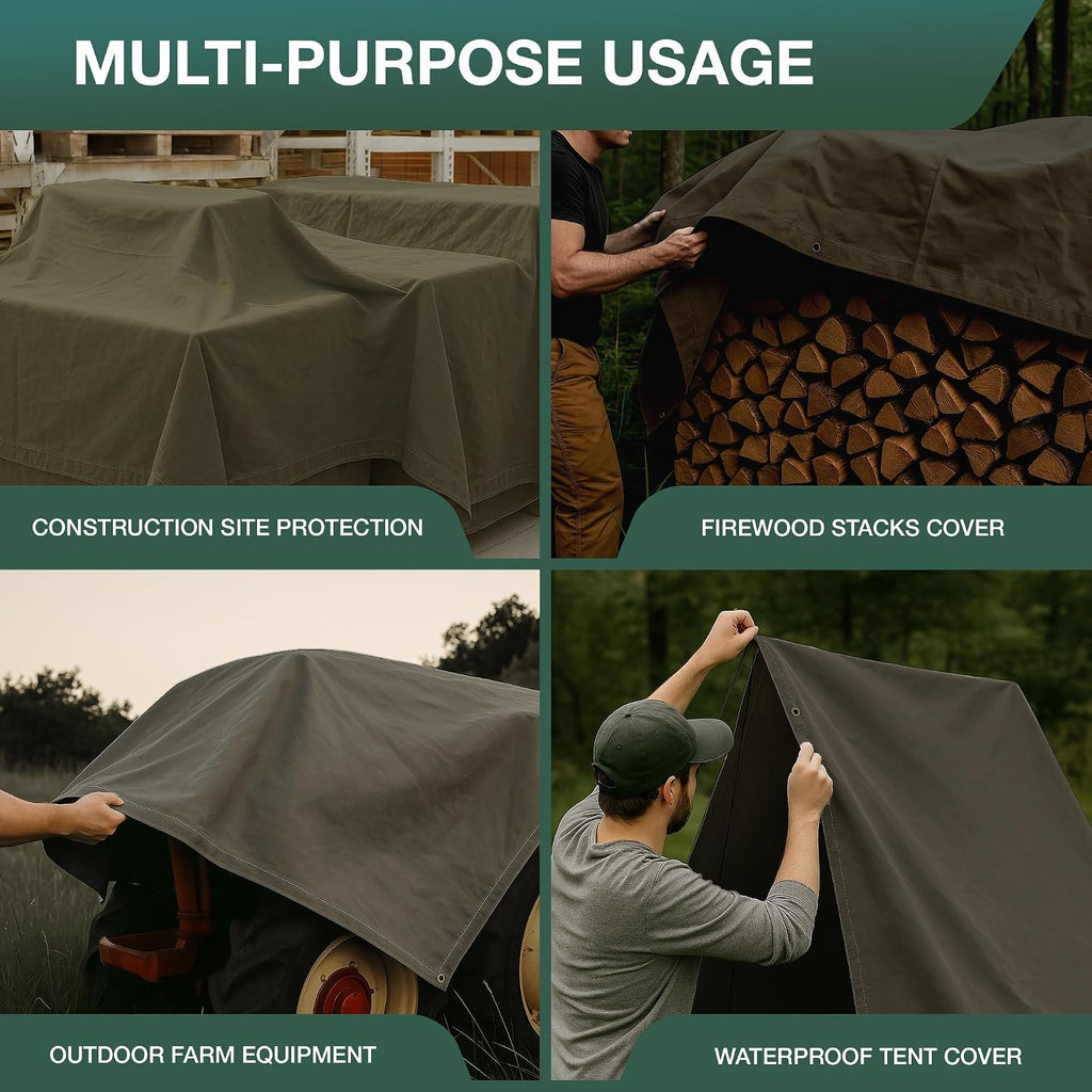 CCS Waterproof Canvas Tarp Cover – Heavy Duty Duck Cloth, Waxed Canvas Tarpaulin with Rustproof Brass Grommets for Camping, Construction, Equipment & Outdoor Use (Olive Drab, 12x16 Ft)
