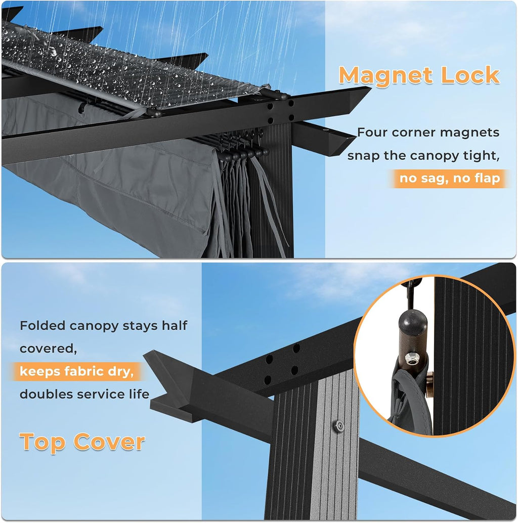 HAPPATIO 10' X 10' Retractable Pergola with Sun Shade Canopy, Patio Aluminum Frame Shelter for Backyards, Gardens, Porch, Includes Ground Studs and Expansion Screws (Grey)