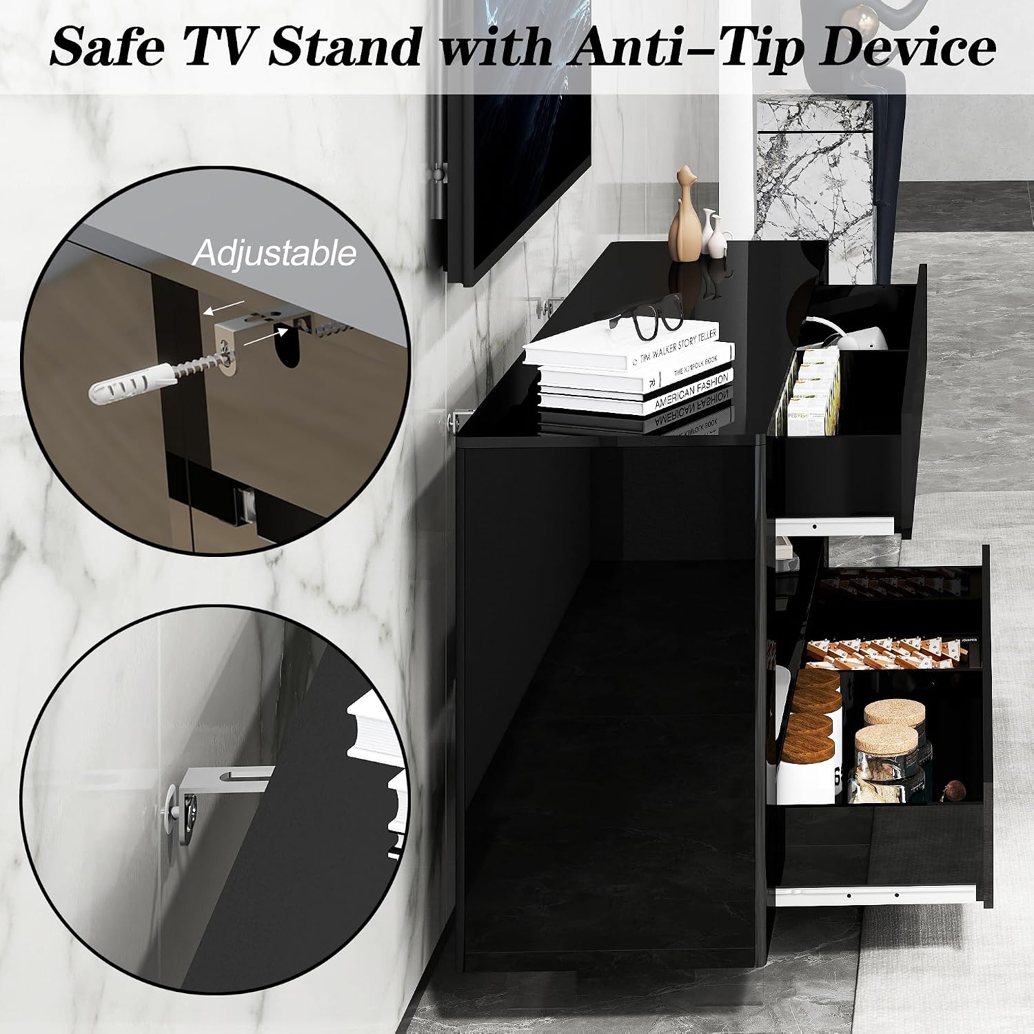 High Gloss TV Stand with 2 Large Drawers & Push-Open Doors - High Gloss Modern TV Console Storage Cabinet for Living Room, Office