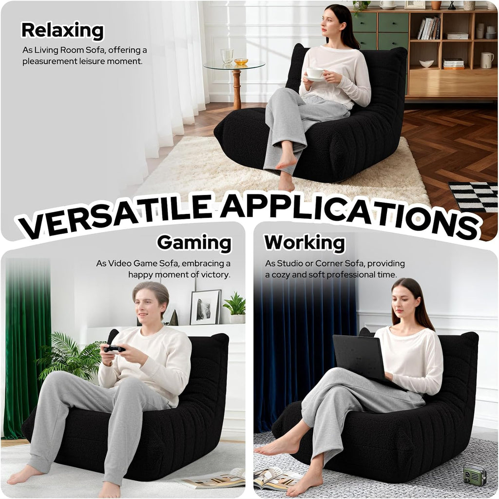 HABUTWAY Bean Bag Chairs Fireside Lazy Floor Sofa, Soft Teddy Fleece Bean Bag Sofa with High-Resilience Foam Filling，Beanbag for Living Room, Bedroom, Office (Black Teddy)