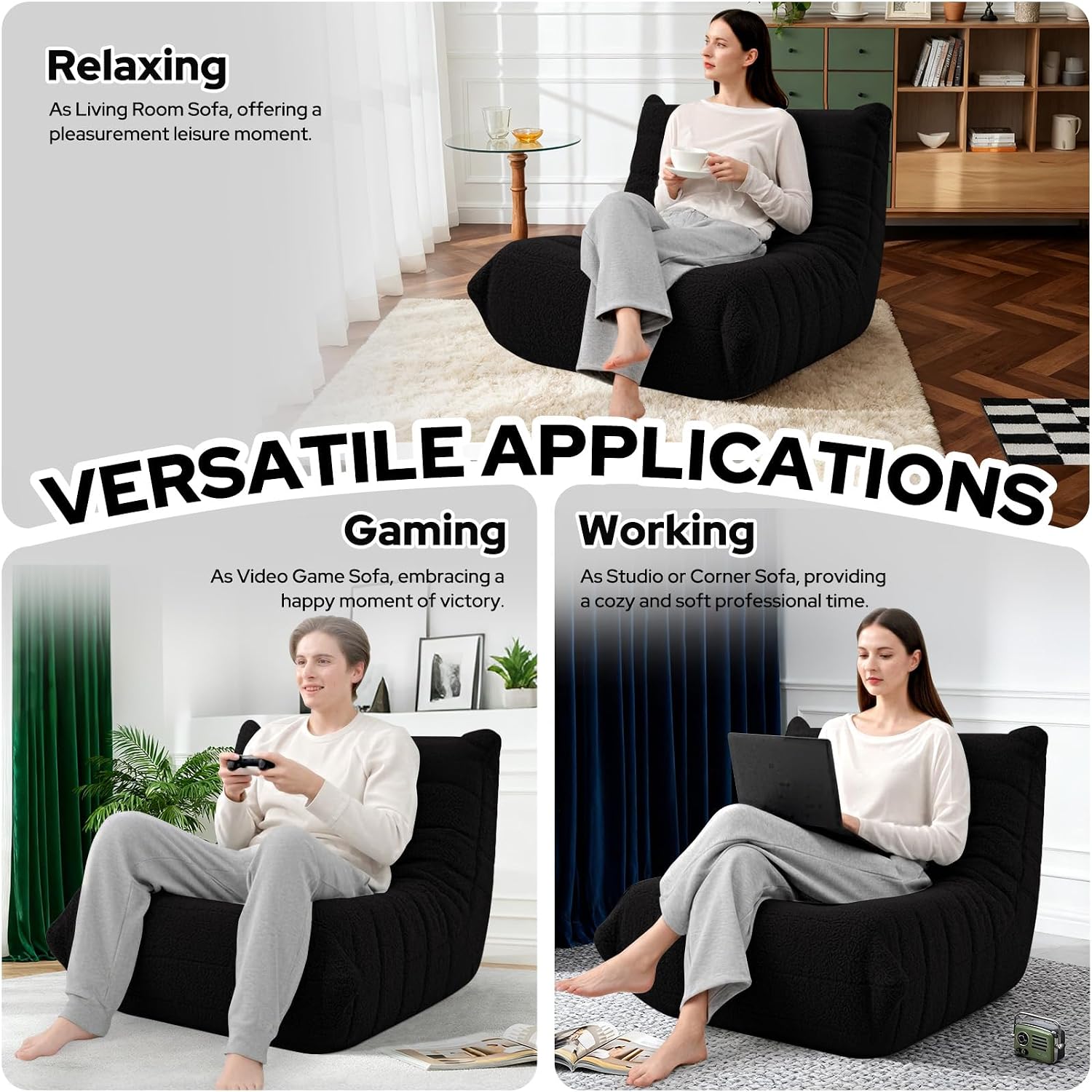 HABUTWAY Bean Bag Chairs Fireside Lazy Floor Sofa, Soft Teddy Fleece Bean Bag Sofa with High-Resilience Foam Filling，Beanbag for Living Room, Bedroom, Office (Black Teddy)
