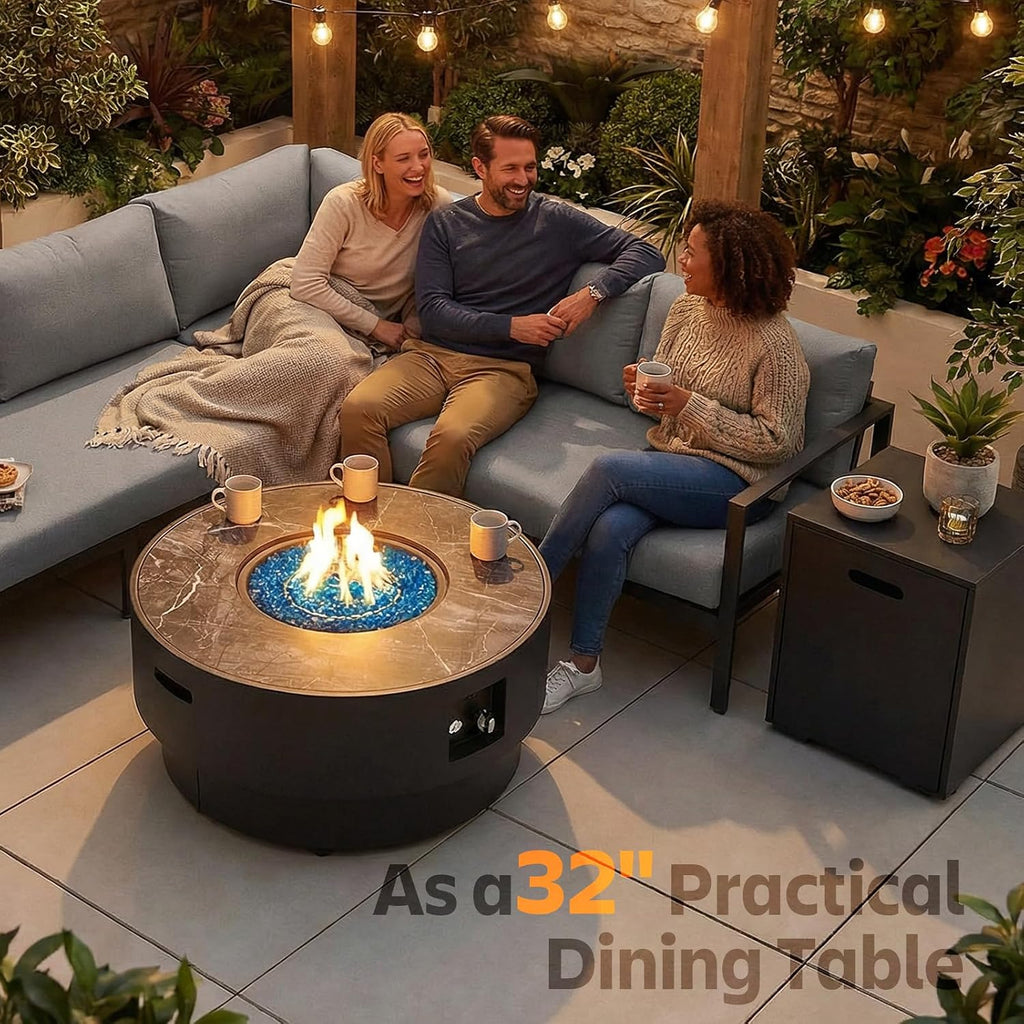 32' Outdoor Propane Fire Pit Table, 50,000 BTU Gas Fire Table with Tank Cover, Marble-Look Ceramic Top, Steel Lid, & Rain Cover, Round Patio Firepit for Backyard, Garden, Party