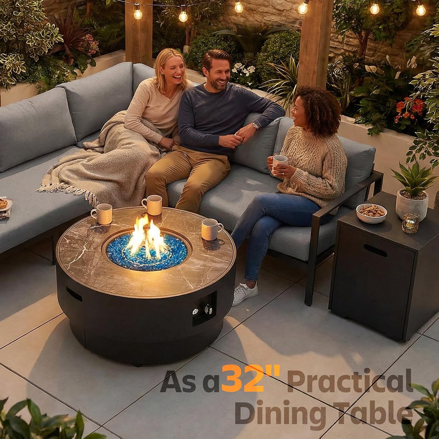 32' Outdoor Propane Fire Pit Table, 50,000 BTU Gas Fire Table with Tank Cover, Marble-Look Ceramic Top, Steel Lid, & Rain Cover, Round Patio Firepit for Backyard, Garden, Party