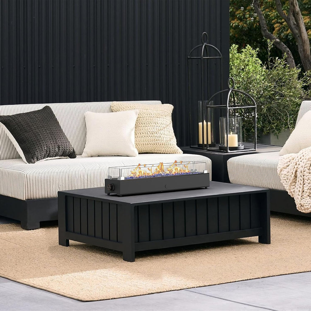 36-inch Table Top Propane Fire Pit, 40,000 BTU Tabletop Firepit for Patio, Outdoor Portable Rectangular Fire Bowl w/Wind Glass Shield, Glass Rocks - Black