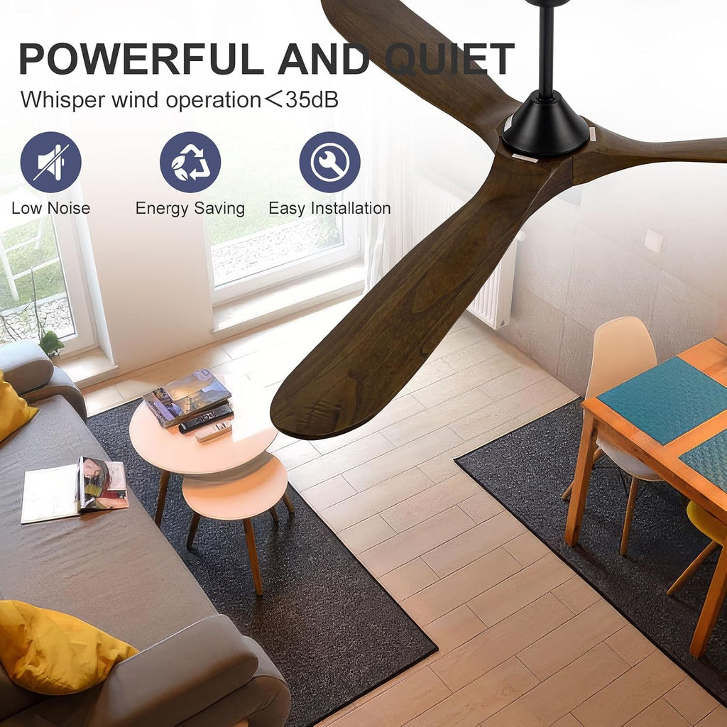60 Inch Ceiling Fan with Light and Remote, Indoor Outdoor for Patio Gazebo Living Room - Rustic Farmhouse Style, Quiet 6-Speed Reversible DC Motor High CFM, 3 Wood Blades Dimmable with 3 Downrods