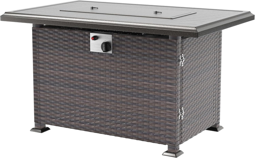 43' Wicker Outdoor Propane Gas Fire Pit Table with Rectangle Fire Pit Lid,55000 BTU Auto-Ignition Table Fire Pit w/Glass Wind Guard, Glass Rock for Outdoor,ETL Certified