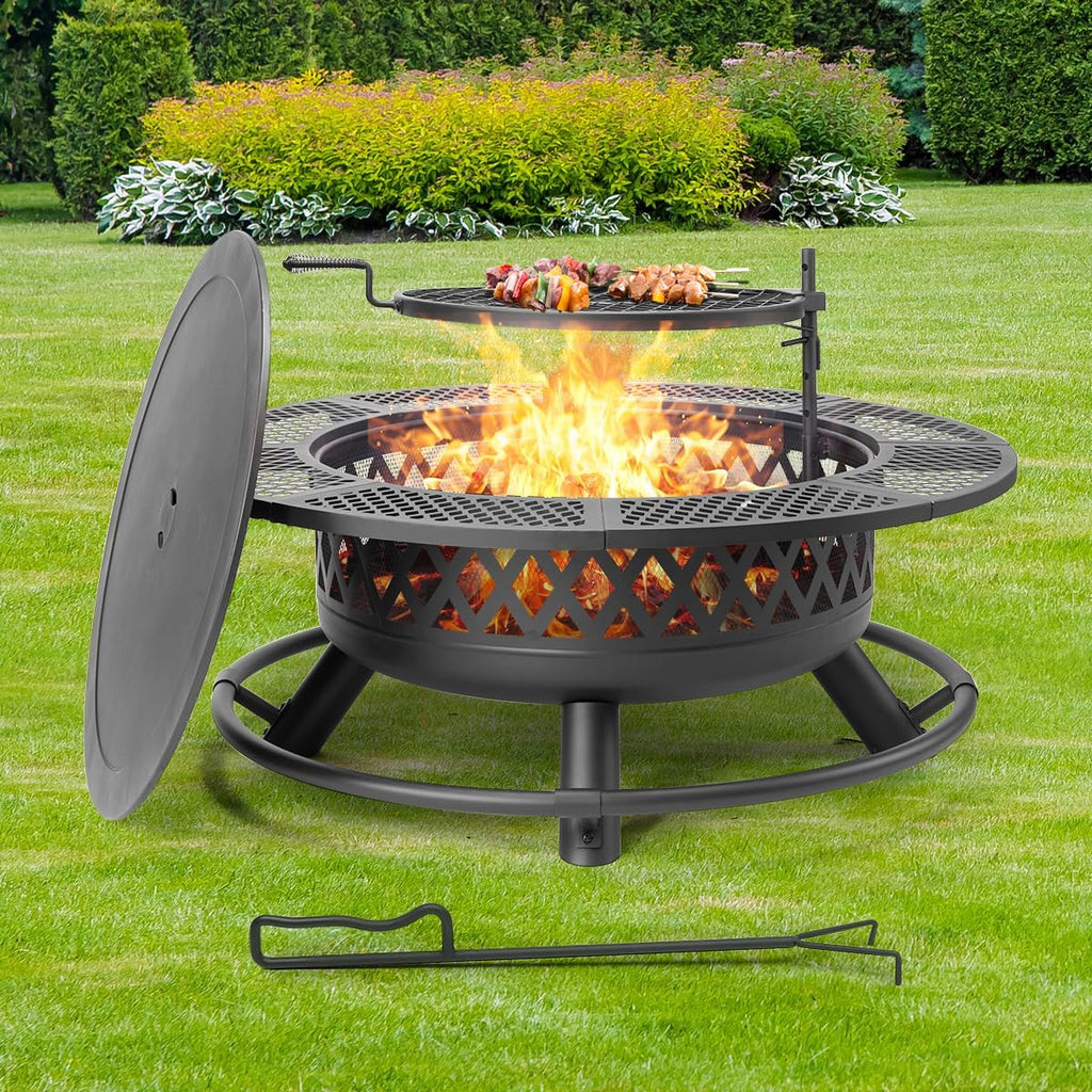Panovue 42 Inch Outdoor Fire Pit with Grill, Large Firepit Table for Outside, Metal Round Firepits with Lid&Fire Poker,3 in 1 Wood Burning Fire Pits & Outdoor Fireplaces for Backyard,Patio(42'' Black)