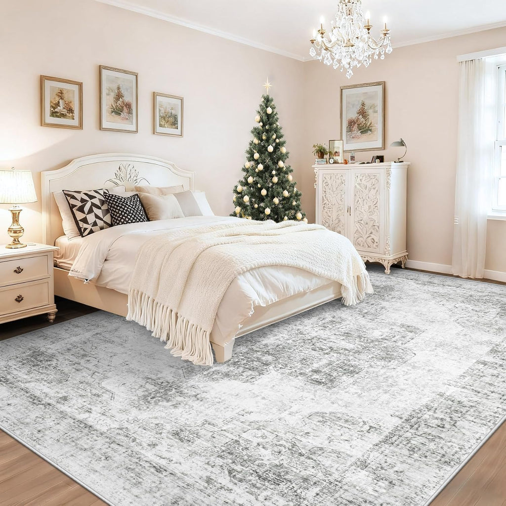 9x12 Area Rug for Living Room, Washable Vintage Boho Medallion Rugs Soft Non Slip Large Area Rug Stain Resistant Indoor Retro Carpet for Bedroom Nursery Kids Dining Room Home Office(Grey, 9'x12')