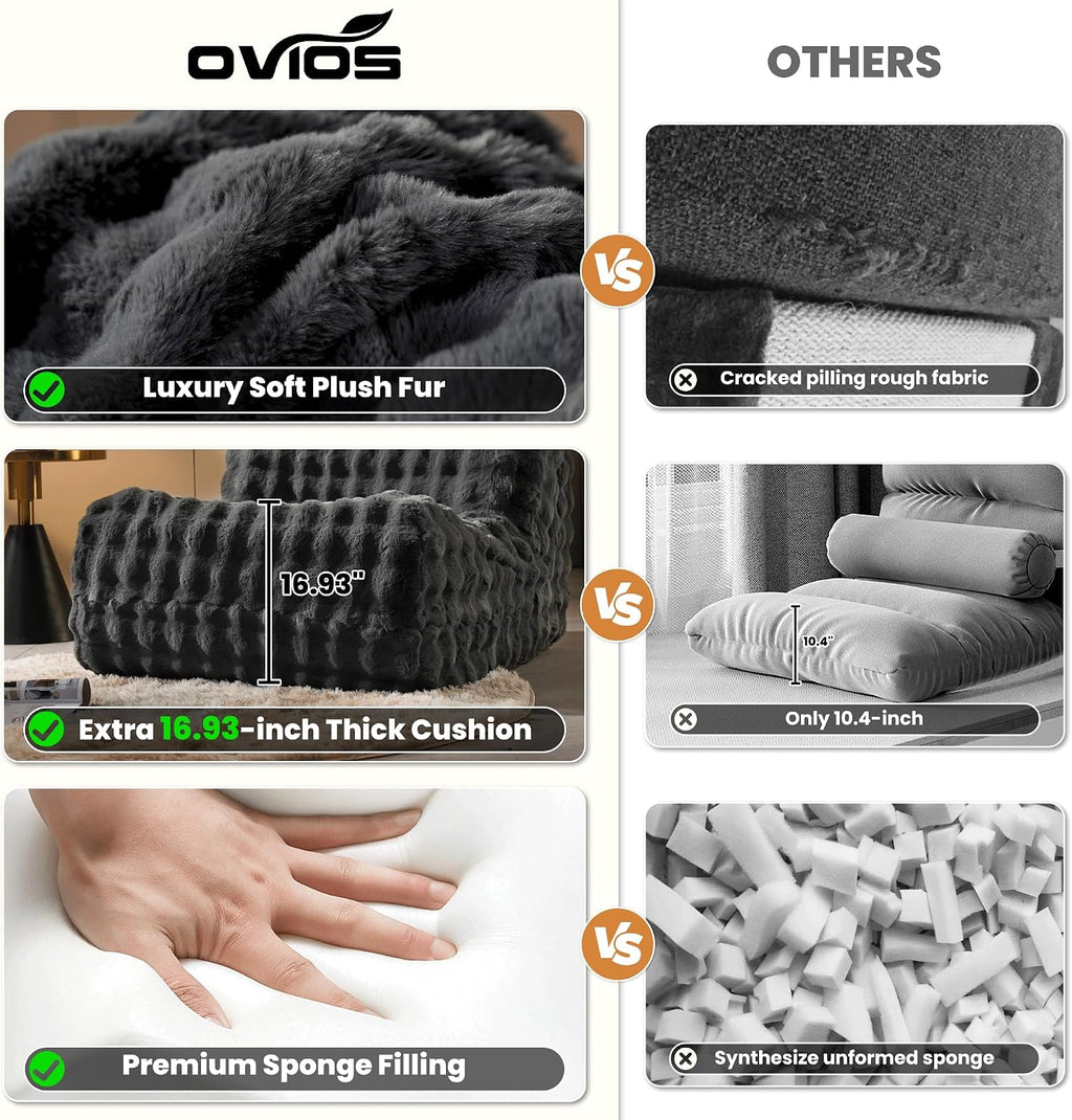 ovios Bean Bag Chair for Adult, Giant Beanbag with Plush Faux Fur, Comfy Large Big Lounger Floor Lazy Chair for Indoor Fireside Living Room Bedroom Dorm, Dark Grey