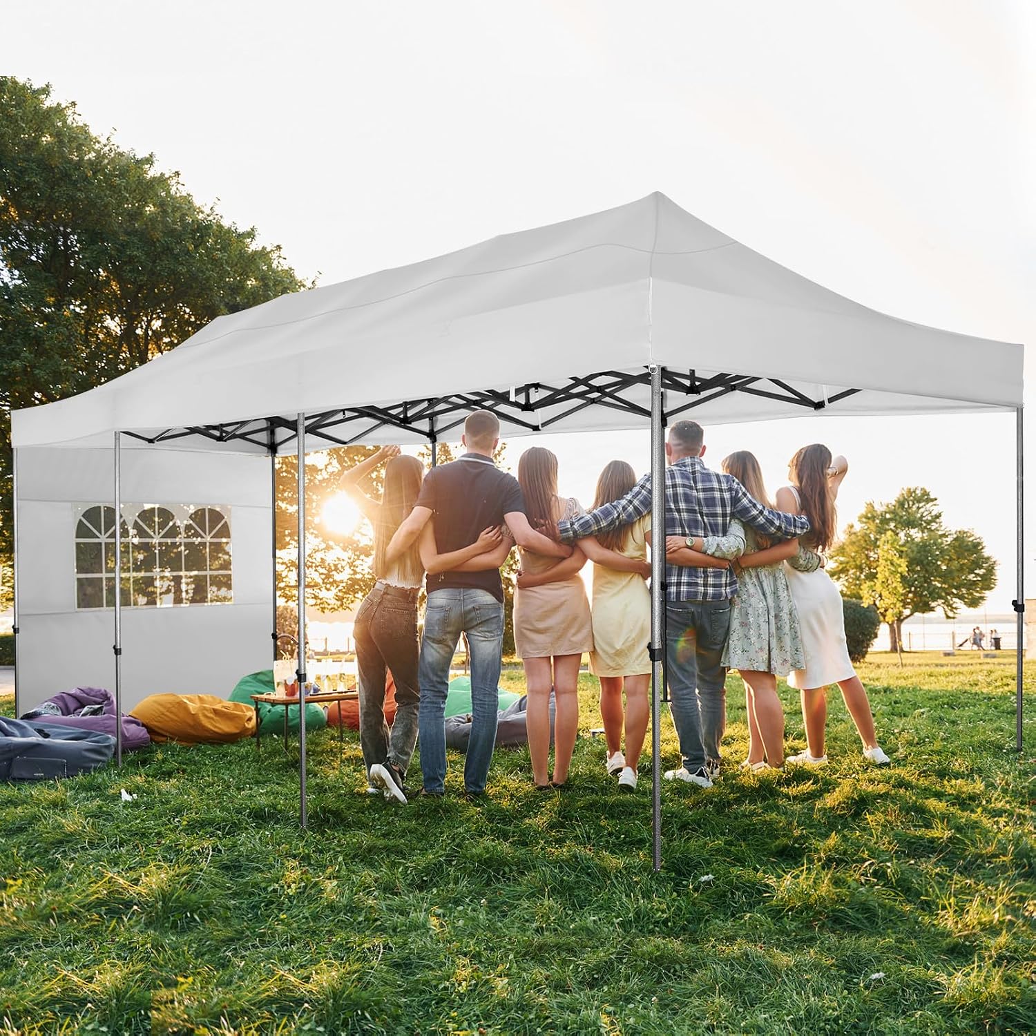 COBIZI 10x30 Heavy Duty Pop Up Canopy Tent with 8 Sidewalls Thicken Frame, Commercial Easy Up Outdoor Wedding Party Tents, All Season Waterproof Windproof with Stakes Sandbags Ropes Roller Bag, Cream
