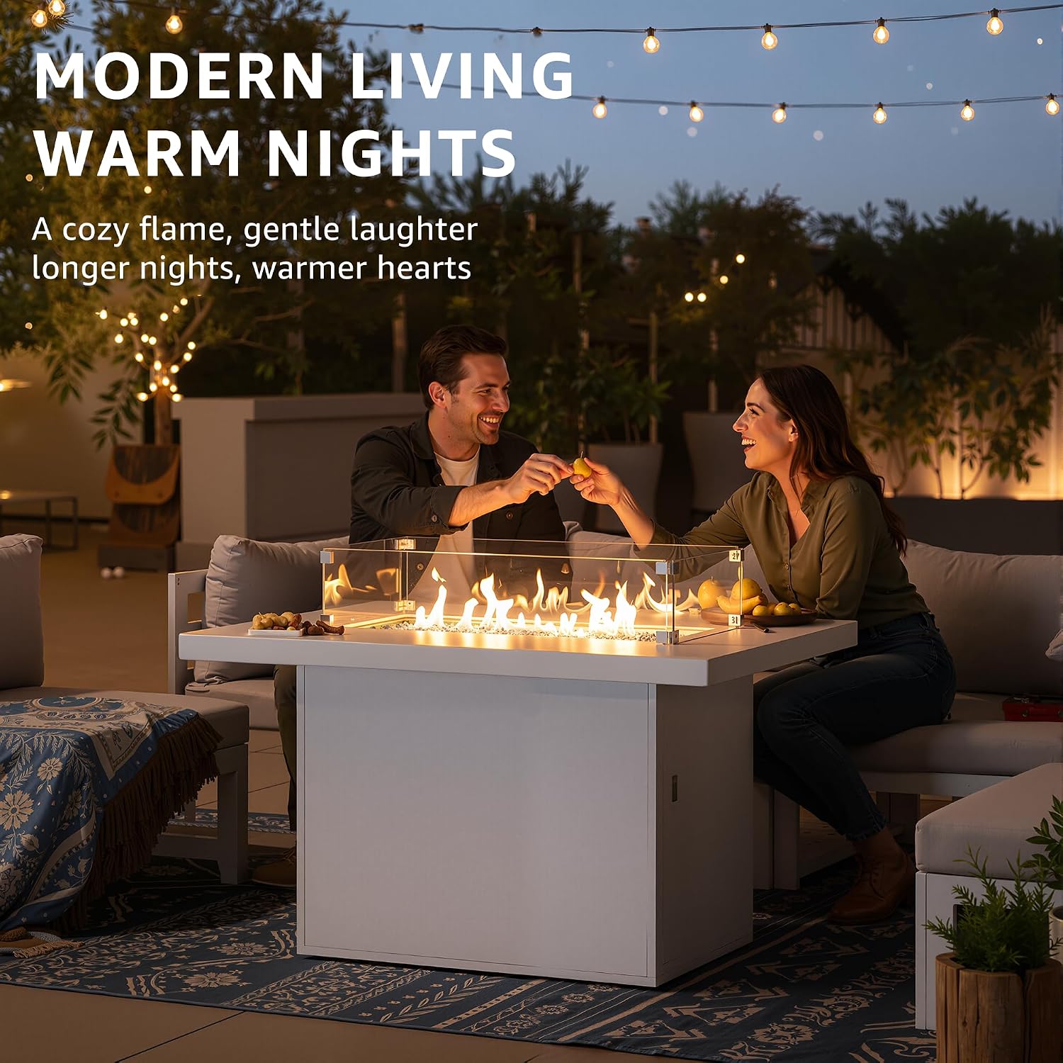 NICESOUL 43' Aluminum Outdoor Propane Fire Pit Table, 60,000 BTU Rectangle Natural Gas Firepits, Rust-Proof All-Weather Fire Table with Wind Guard & Glass Rocks for Patio Outside CSA-Certified, White