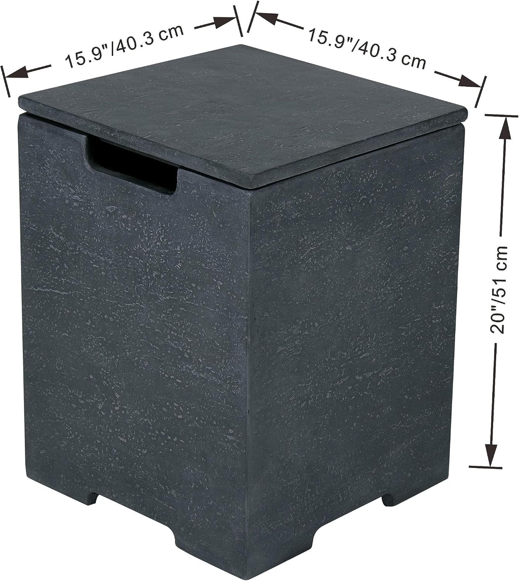 AMS Fireplace | Elementi Square Travertine Dark Grey Propane Tank Cover | Marble Porcelain Top with Concrete GFRC Base | 15.9 × 15.9 × 20 inches | Suited For Positano Dark Grey Fire Pit Table