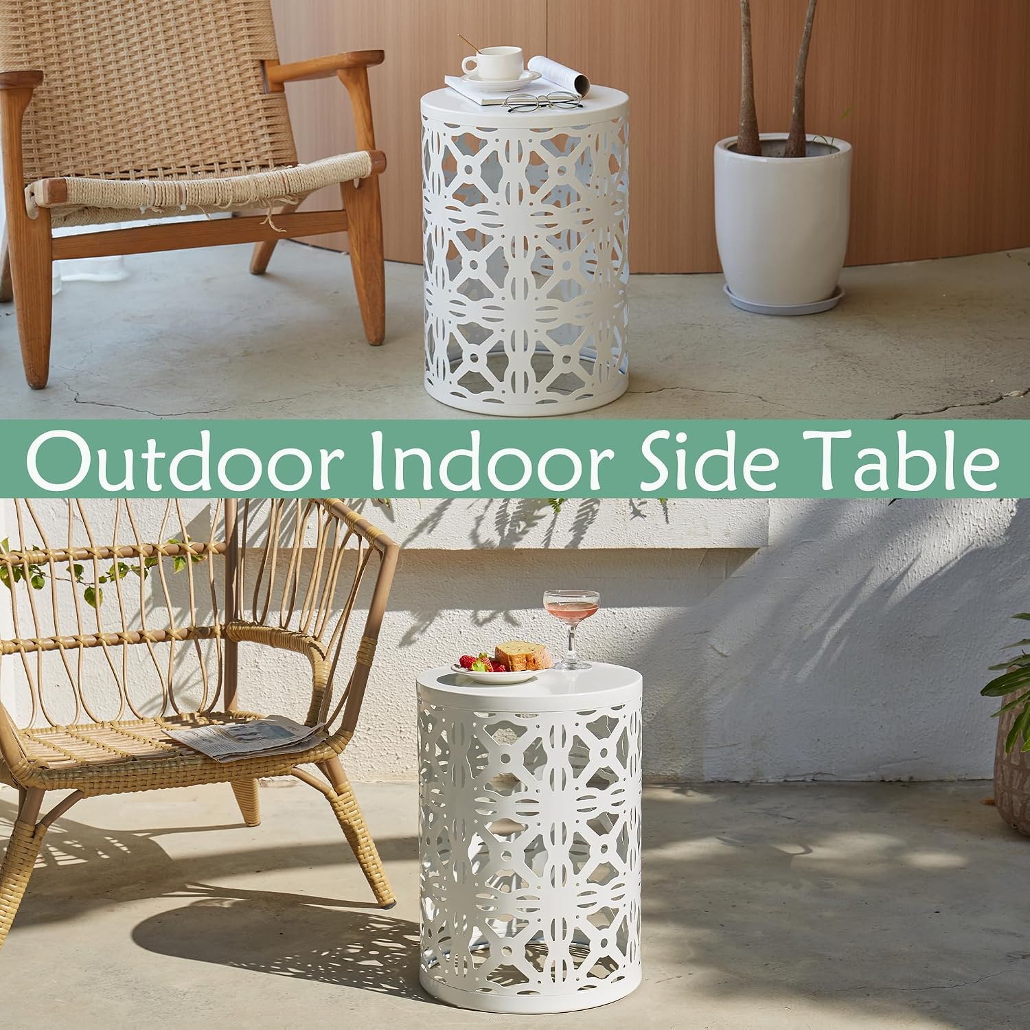 Y&M Set of 3 Stacking Coffee Table for Living Room, Round Metal Coffee Table, Indoor End Tables, Outdoor Garden Stool with Heavy Duty Metal Frame Modern Industrial Decor - Pure White (Ship from US)