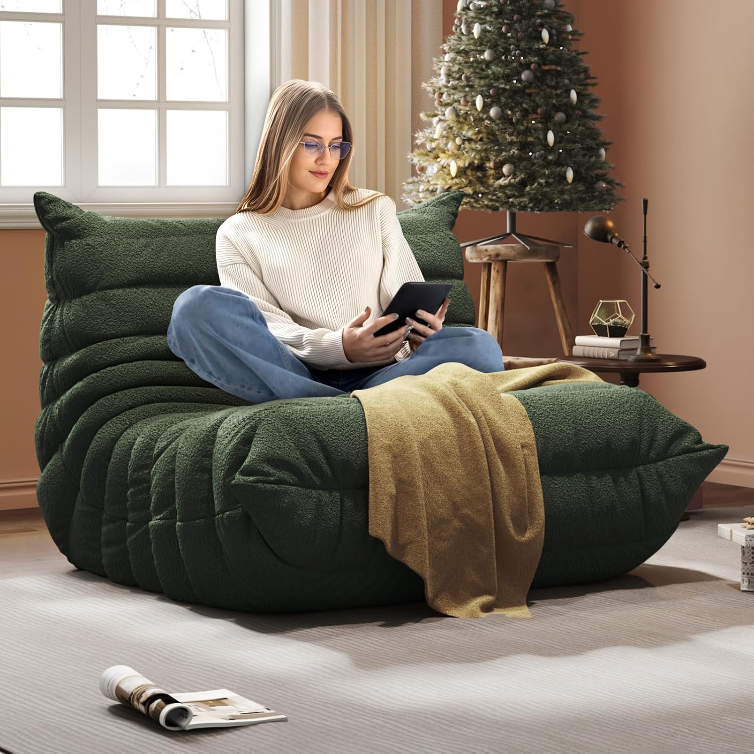 Giant Bean Bag Chair for Adults - Teddy Fleece Fireside Accent Chair with Memory Foam, Comfy Lazy Floor Sofa Couch Boneless Chaise Lounge for Living Room Bedroom Home Theaterr, 1 Seater,Green